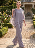 2-Piece Boat Neck 3/4 Sleeve Beaded Shoulder Asymmetric Tiered Chiffon Pantsuit
