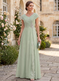 V-Neck Cap Sleeve Beaded Brooch Diagonal Ruched Sequin Panel A-Line Chiffon Mother of the Bride Dress