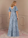 V-Neck Flutter Sleeve Floral Jacquard A-Line Mother of the Bride Dress