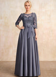 A-line Scoop Illusion Floor-Length Satin Lace Mother of the Bride Dress With Sequins Bow