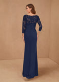 Bateau Neck 3/4 Illusion Lace Sleeve Ruched Sheath Mother of the Bride Dress