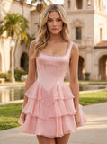 Square Neck Pearl Strap Corset Chiffon Homecoming Dress with Tiered Ruffle Dress & Pockets