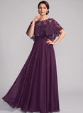 Illusion Scoop Neck Sequin Lace Cape Sleeve Ruched Waist Chiffon A-Line Mother of the Bride Dress