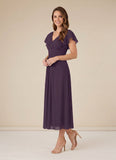 V-Neck Flutter Sleeve Ruched Waist Chiffon Tea Length Mother of the Bride Dress