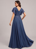 V-Neck Flutter Sleeve Sequin Floral Embroidered Chiffon A-Line Mother of the Bride Dress