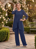 3-Piece Beaded Illusion Neck Chiffon Mother of the Bride Pant Suit with Jacket