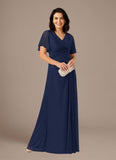 V-Neck Flutter Sleeve Ruched Chiffon A-Line Mother of the Bride Dress