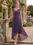 V-Neck Cap Sleeve Sequin Lace Applique Ruched Hi-Low Chiffon Mother of the Bride Dress