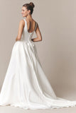 Square Neck Wide Strap Boned Corset Pockets A-Line Satin Wedding Dress with Train