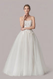 Strapless Floral Applique Tulle Wedding Dress with Chapel Train