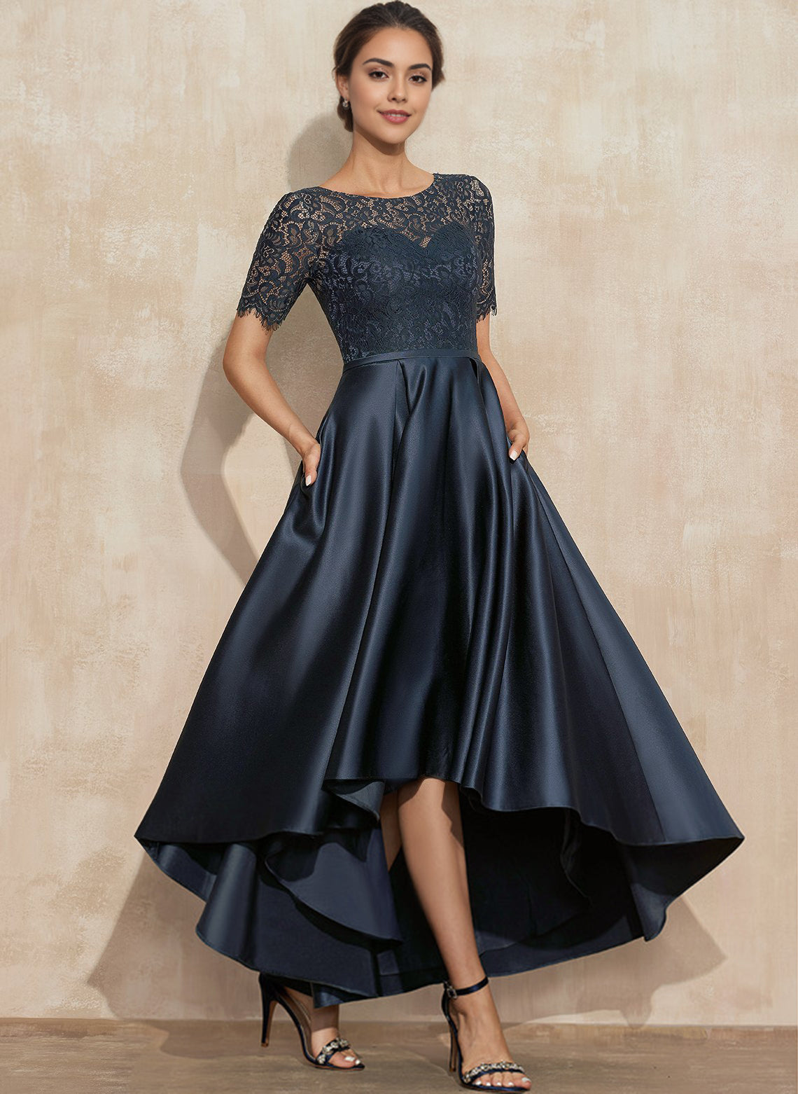 a-line scoop neck asymmetrical satin evening dress A Line Satin Scoop Neck Sleeveless asymmetrical Dress
