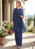 3-Piece Jewel Neck Allover Sequin Lace Top, 3/4 Sleeve Sequin Trim Chiffon Mother of the Bride Pantsuit