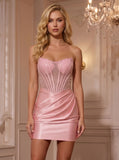 Strapless Sweetheart Rhinestone Illusion Corset Satin Homecoming Dress with Ruched Dress