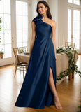 A-Line One Shoulder Stretch Satin Formal Dress with Bow