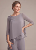 2-Piece Boat Neck 3/4 Sleeve Beaded Shoulder Asymmetric Tiered Chiffon Pantsuit