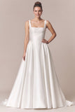 Square Neck Wide Strap Boned Corset Pockets A-Line Satin Wedding Dress with Train