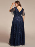 V Neck Ruffle Sleeves Sequin Maxi Long Evening Dress