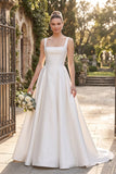 Square Neck Wide Strap Boned Corset Pockets A-Line Satin Wedding Dress with Train
