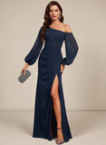 One Shoulder Lantern Sleeve Ruched Waist Side Slit Chiffon Evening Dress