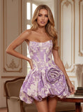 Strapless Sweetheart Floral Jacquard Boned Corset 3D Rose Bubble Dress Mini Dress