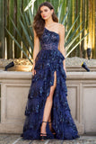 One shoulder tulle sequin A-Line gown with sheer corset bodice and ruffle high slit