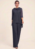 2-Piece Bow Collar 3/4 Sleeve Asymmetric Hem Chiffon Mother of the Bride Pantsuit