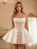 Strapless Ruched Lace Satin Boned Corset Lace-Up Back Fit and Flare Mini Dress