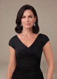 V-Neck Cap Sleeve Ruched Jersey Mother of the Bride Dress with Cascade Ruffle & Side Slit