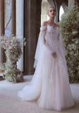 3D Floral Appliqués A-line Off-the-Shoulder Sleeves with Detachable Sleeves Illusion Neckline Wedding Dress