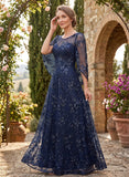 Illusion Scoop Neck Split Cape Sleeve Allover Sequin Floral Lace A-Line Mother of the Bride Dress