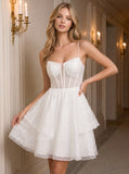 Spaghetti Strap Sweetheart Sheer Boned Corset Sequin Tulle Fit and Flare Mini Dress
