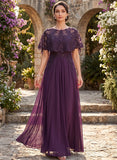 Illusion Scoop Neck Sequin Lace Cape Sleeve Ruched Waist Chiffon A-Line Mother of the Bride Dress