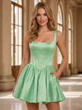 Square Neck Wide Strap Corset Satin Homecoming Dress with Lace-Up Back & Pockets