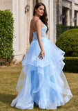 Ball Gown V Neck Sweep Train Tulle Prom Dress with Appliqued Beading Ruffles