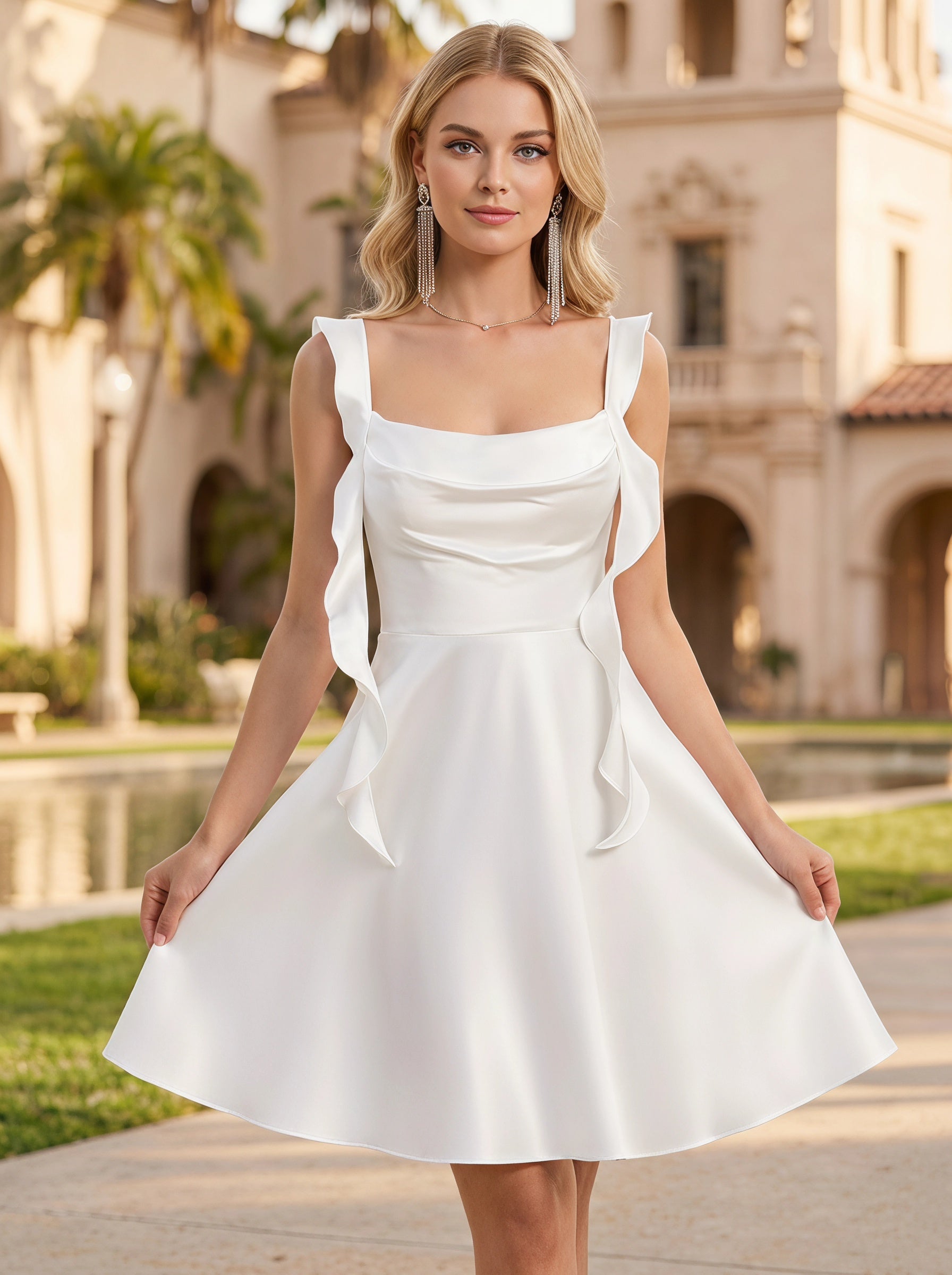 Square Neck Cowl Bust Ruffle Shoulder Strap Deep V-Back A-Line Satin Mini Dress
