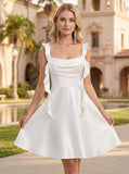 Square Neck Cowl Bust Ruffle Shoulder Strap A-Line Satin Mini Dress