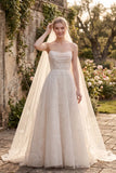 Strapless Floral Embroidered Tulle Pockets A-Line Wedding Dress with Train