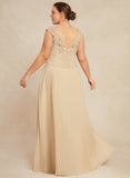 A-line V-Neck Floor-Length Lace Chiffon Mother of the Bride Dress With Cascading Ruffles