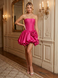 Strapless Corset Pearl Trim 3D Rose Bubble Skirt Satin Mini Dress