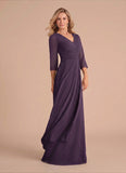 V-Neck 3/4 Sleeve Ruched Starburst Chiffon A-Line Mother of the Bride Dress