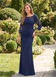 Bateau Neck 3/4 Illusion Lace Sleeve Ruched Sheath Mother of the Bride Dress