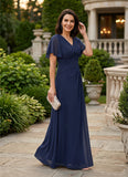 V-Neck Flutter Sleeve Ruched Chiffon A-Line Mother of the Bride Dress