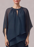 2-Piece Beaded Jewel Neck Batwing Sleeve Tiered Chiffon Pantsuit