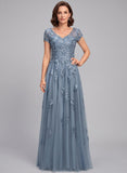 V-Neck Cap Sleeve Allover Rose Lace Applique Tulle A-Line Mother of the Bride Dress