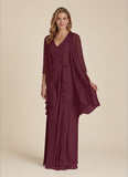 2-Piece V-Neck Cascade Ruffle Chiffon Mother of the Bride Dress with 3/4 Sleeve Jacket