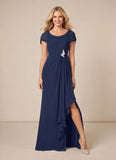 Scoop Neck Cowl Cape Sleeve Beaded Brooch Cascade Ruffle Mother of the Bride Dress with Side Slit
