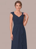 V-Neck Cap Sleeve Diamond Ruched Waistband Side Cascade Chiffon A-Line Mother of the Bride Dress