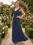 V-Neck Cap Sleeve Diamond Ruched Waistband Side Cascade Chiffon A-Line Mother of the Bride Dress