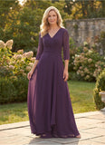 V-Neck 3/4 Sleeve Ruched Starburst Chiffon A-Line Mother of the Bride Dress
