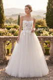 Strapless Floral Applique Tulle Wedding Dress with Chapel Train